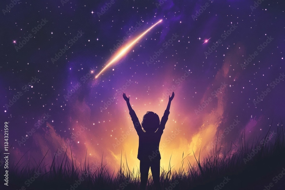 Silhouette admires night sky, shooting star. Silhouette admires night sky, shooting star.