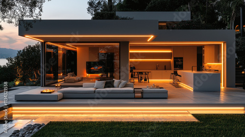 Luxury Modern House Exterior Night Lighting 