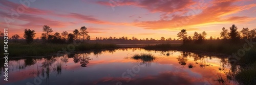 Reflection of a sunset over a still and quiet wetland surface, sunset, sky, lake