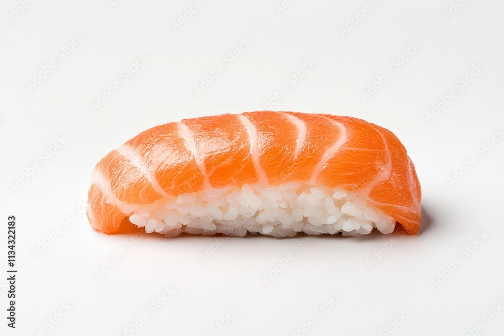 Fresh sushi roll showcasing vibrant salmon on pristine white background Fresh sushi roll showcasing vibrant salmon on pristine white background