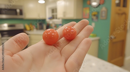 Hand with orange capsules close-up.