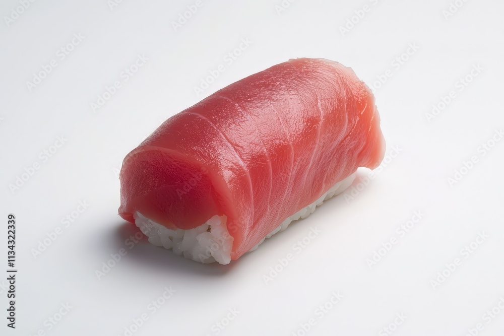 Fresh sushi roll showcasing vibrant tuna atop fluffy rice on a white background Fresh sushi roll showcasing vibrant tuna atop fluffy rice on a white background