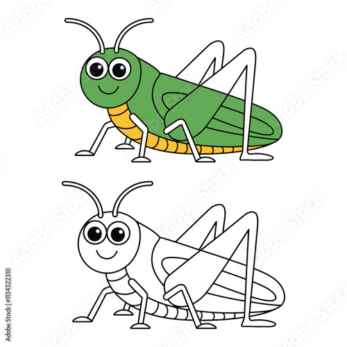Grasshopper Cartoon Character with Flat Design and Line Art Black and White Version Vector Illustration