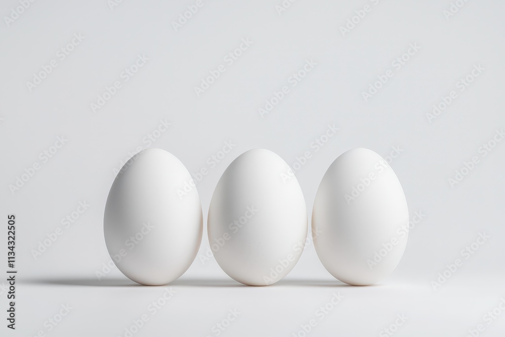 White eggs arranged neatly on a clean white surface showcasing simplicity and elegance White eggs arranged neatly on a clean white surface showcasing simplicity and elegance