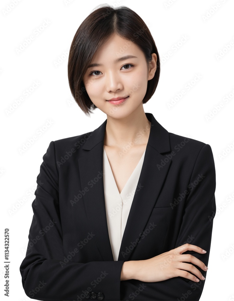 young asian girl with short hair wearing office attire with crossed arms . ai generate 