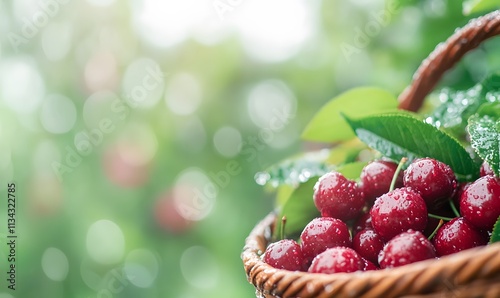 A basket full of ripe, juicy red cherries, Generative AI