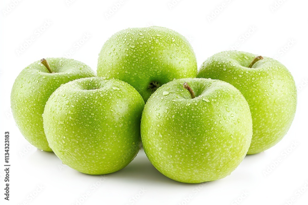 Fresh green apples with water droplets arranged on a white surface Fresh green apples with water droplets arranged on a white surface