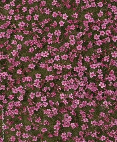 Pink Prunus triloba flowers arranged in a loose pattern on a grassy slope, grassy slope, nature, loose pattern