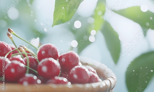 A basket full of ripe, juicy red cherries, Generative AI