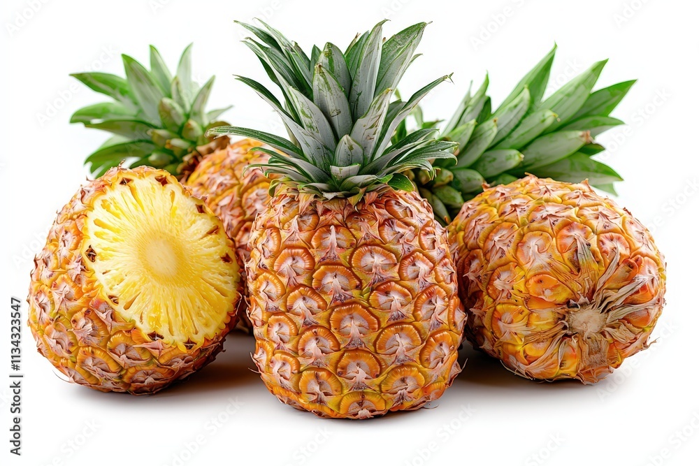 Fresh pineapple halves and whole fruits displayed on a clean white background Fresh pineapple halves and whole fruits displayed on a clean white background