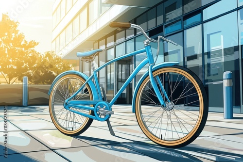 A vibrant blue bicycle parked outside a modern building, basking in the golden glow of sunset. photo