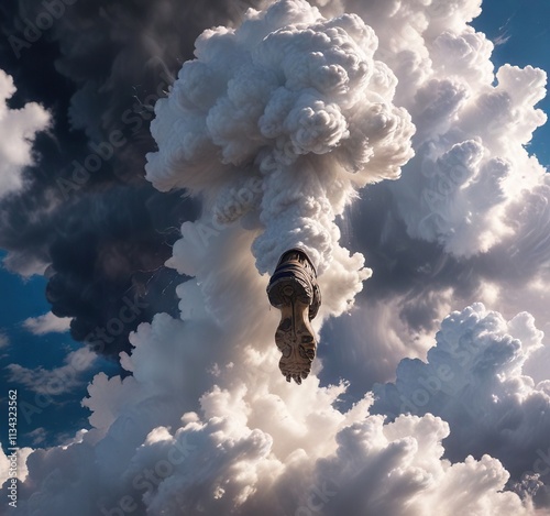 A bony leg protruding from the base of a nimbus cloud, protruding, wispy, cloudy