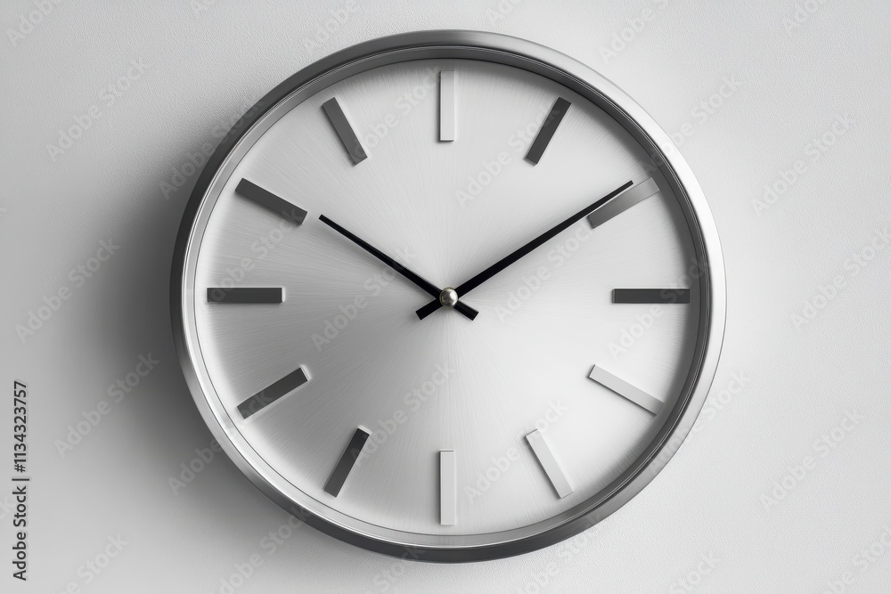 Minimalist silver wall clock displaying a sleek design with black hands against a light background.