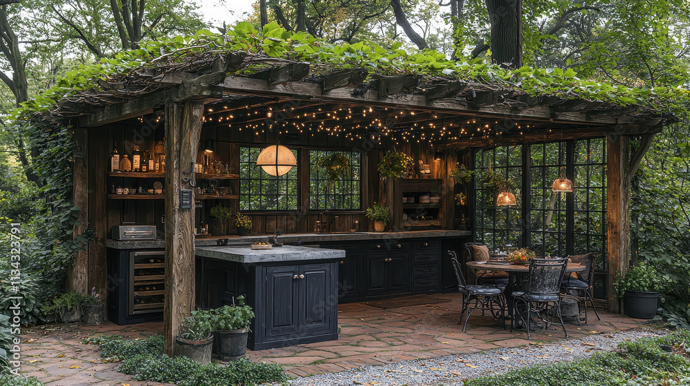 Naklejka premium Rustic Outdoor Kitchen Oasis: A picturesque view of a rustic outdoor kitchen nestled amidst lush greenery. The weathered wood and exposed brick create a warm and inviting atmosphere.