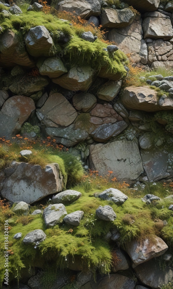Weathered stone wall covered in moss and lichen, with a sense of ruggedness and texture, architecture, landscape Weathered stone wall covered in moss and lichen, with a sense of ruggedness and texture, architecture, landscape
