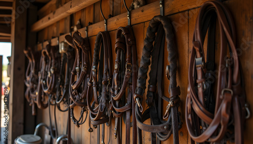 Collection of leather horse harnesses displayed on a rustic wooden wall in a stable environment photo