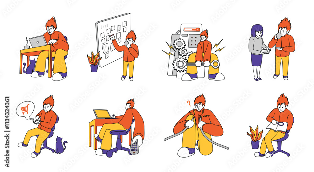 Fototapeta premium Flat illustration freelance worker emotions different activities design set