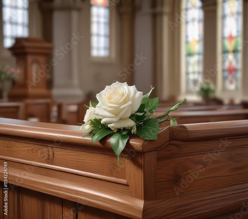 Urn for ashes covered with a single white rose placed on a pew in the church, reverence, flower arrangement