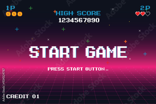 START GAME. pixel art .8 bit game. retro video game. for game assets. Retro Futurism Sci-Fi Background. glowing neon grid and star from vintage arcade computer games