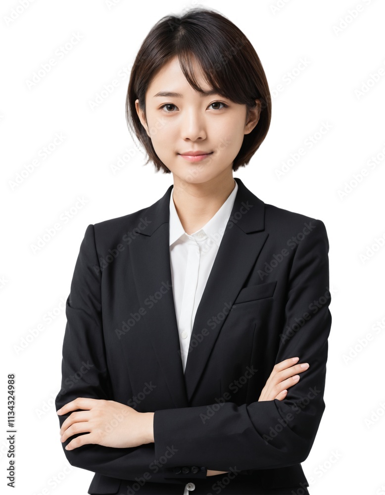 young asian girl with short hair wearing office attire with crossed arms . ai generate young asian girl with short hair wearing office attire with crossed arms . ai generate