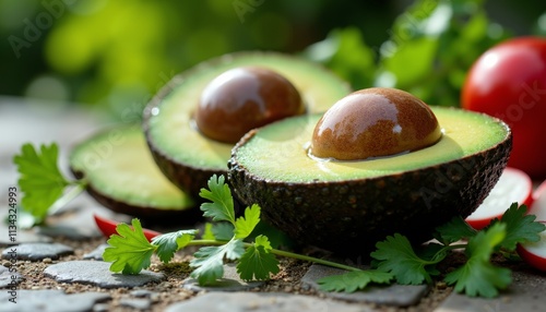 Macro Shot of Ripe Avocado with Cilantro and Radishes on Stone Surface