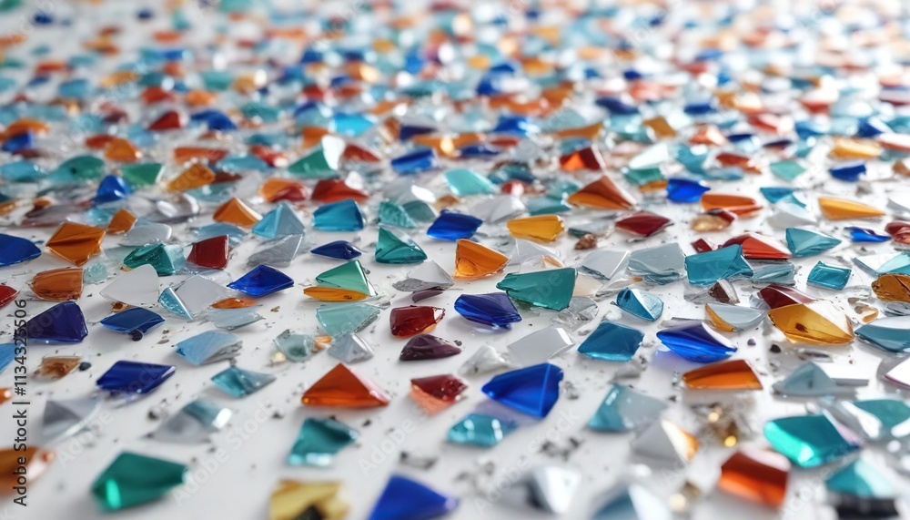 Obraz premium A scattered mosaic of glass shards on a white background, fractured glass pieces, textured pieces