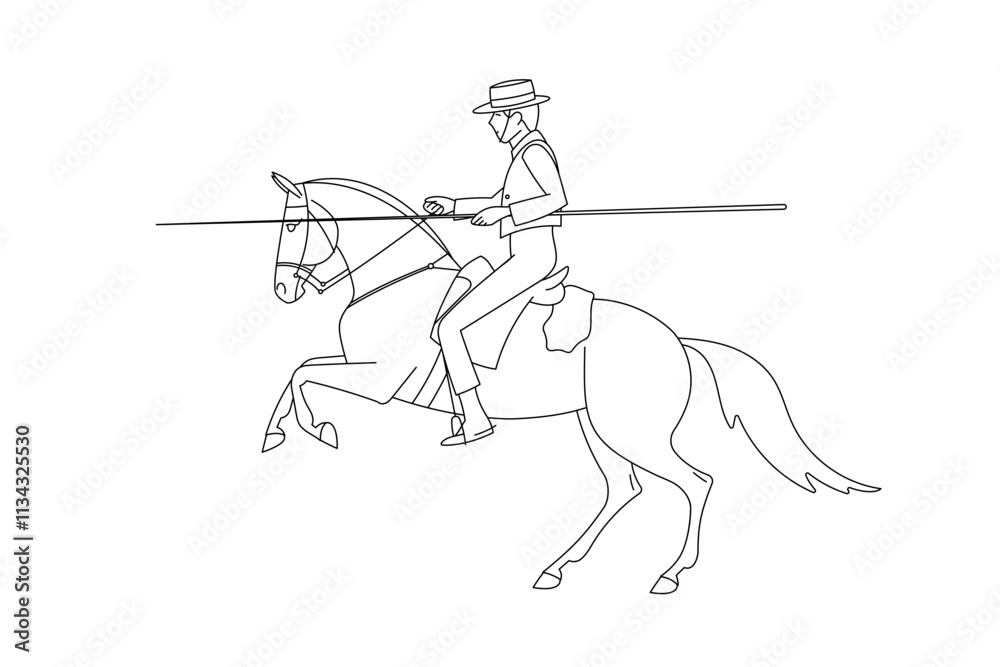 Fototapeta premium Man riding a horse in line art style, working equitation