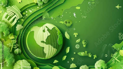 A green Earth encircled by green green green green innovative green water conservation methods, such as greywater recycling and water-efficient landscaping, symbolizing sustainable water management photo