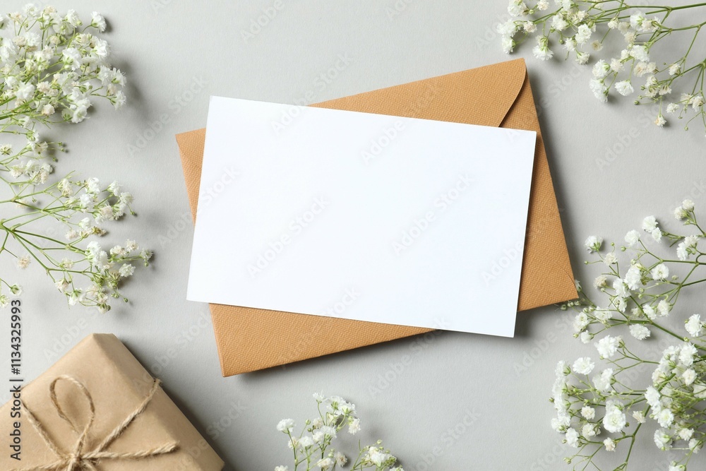 Top view photo with paper card and gypsophila flowers on gray background Top view photo with paper card and gypsophila flowers on gray background
