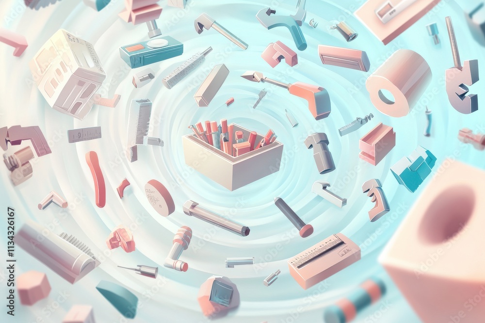 A whirlpool of various tools and items swirling around a central toolbox, creating a dynamic and colorful scene. A whirlpool of various tools and items swirling around a central toolbox, creating a dynamic and colorful scene.