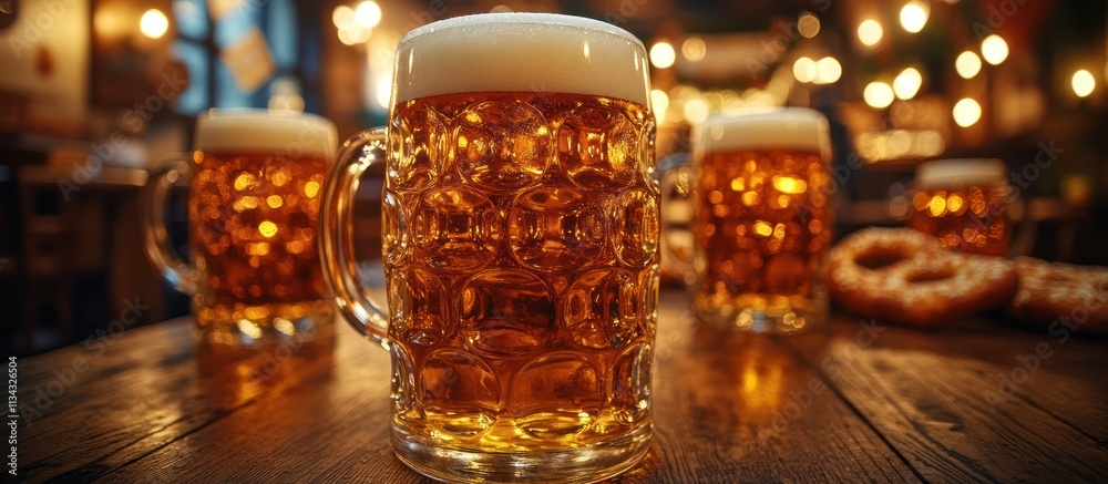Three beer steins on wooden table in pub.
