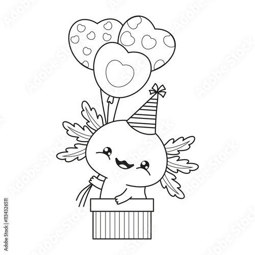 Outline happy Axolotl in birthday cap in gift box with balloons hearts. Little festive cartoon kawaii character. Line drawing, coloring book. Vector illustration. Kids collection