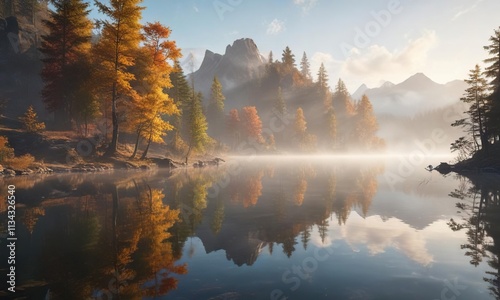 Sunlight piercing the mist above a tranquil lake, reflections, outdoor