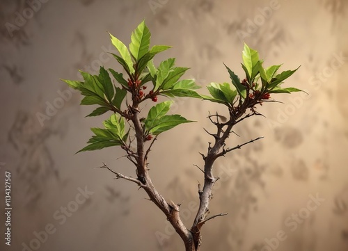 Thorny plant with brown and dry thorns and one remaining green leaf clinging to the stem , wilting, green photo