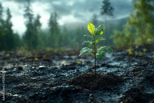 Sapling planted in deforested area for environmental restoration