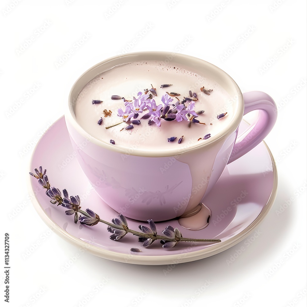 A velvety lavender honey latte with a delicate lavender garnish, served in a ceramic cup, isolated white background A velvety lavender honey latte with a delicate lavender garnish, served in a ceramic cup, isolated white background