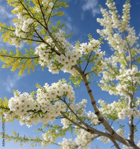 A single poplar tree in bloom with white flowers and yellow pollen , nature , trees in bloom, yellow dust photo