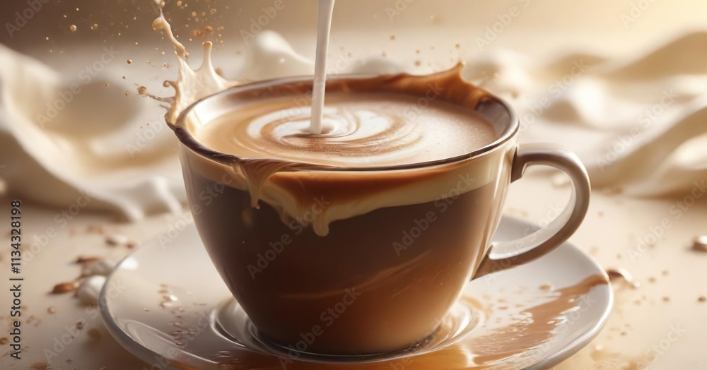 A wave of warm milk flows gently into the rich deep coffee creating a sense of movement and energy , gradient, coffee, milk