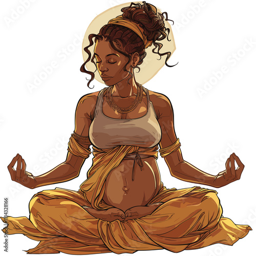 Illustration of a pregnant person in yellow meditative pose.