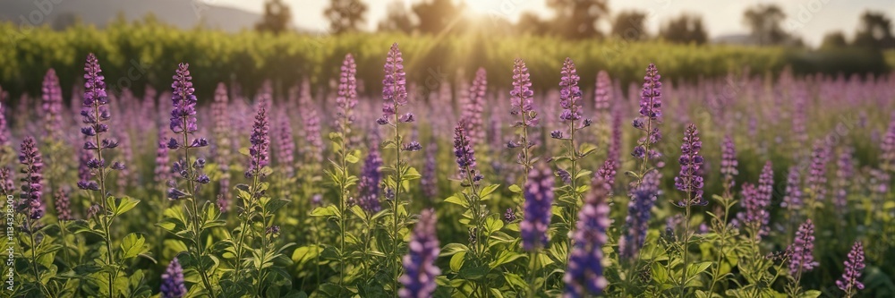 Field of Medicago sativa with purple flowers blooming in the sunlight , medicago sativa, flowering plant Field of Medicago sativa with purple flowers blooming in the sunlight , medicago sativa, flowering plant