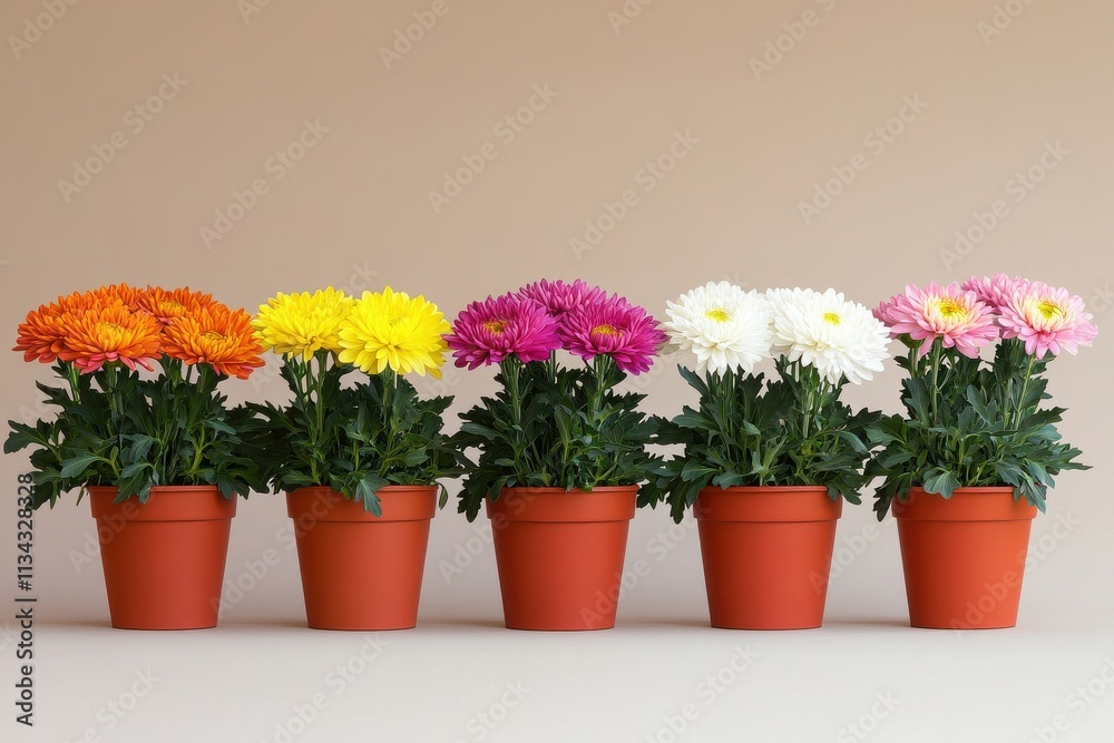 Vibrant potted gerbera daisies in shades of orange, yellow, pink, white, and purple against a soft beige background. Vibrant potted gerbera daisies in shades of orange, yellow, pink, white, and purple against a soft beige background.