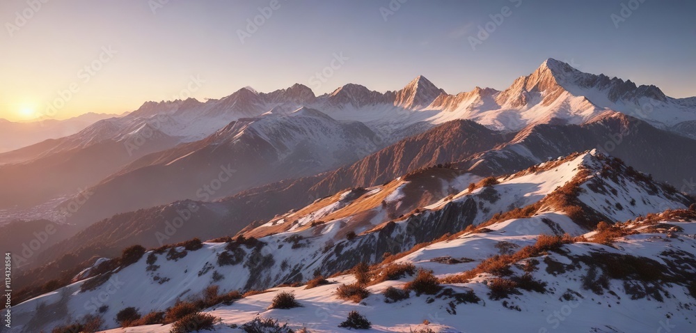 Obraz premium The golden light of sunrise illuminating the snow-capped peaks of the Grand Vilaia hills, mountain scenery, mountains