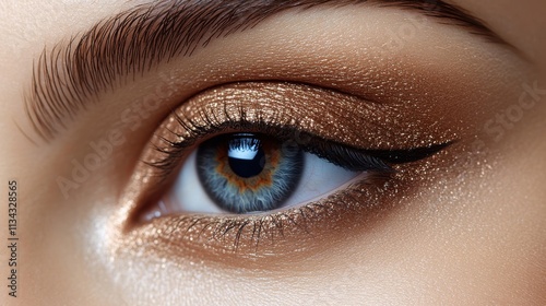 Close-up of a beautifully made-up eye with striking colors and detailed features.