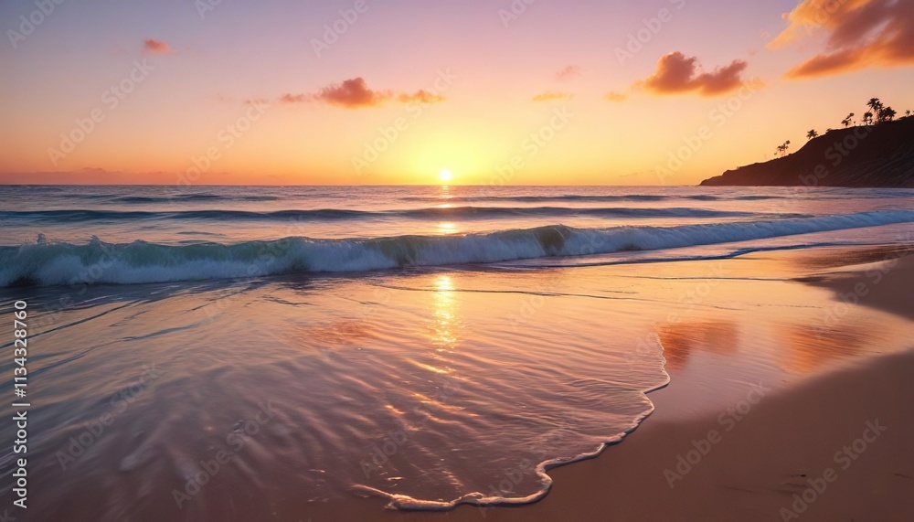 Beach scenes with calm sea and sunset in the background, warm, landscape