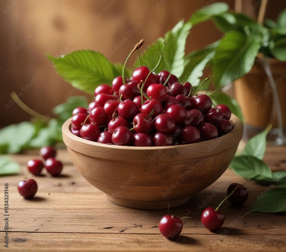 A bowl of cherries with leaves on a wooden table against a warm brown background, natural, bowl A bowl of cherries with leaves on a wooden table against a warm brown background, natural, bowl