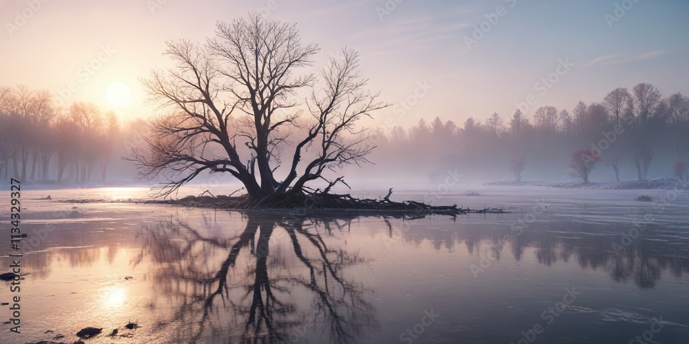 Bare tree in frosty morning light at the edge of frozen lake, tree against ice, frosty tree Bare tree in frosty morning light at the edge of frozen lake, tree against ice, frosty tree