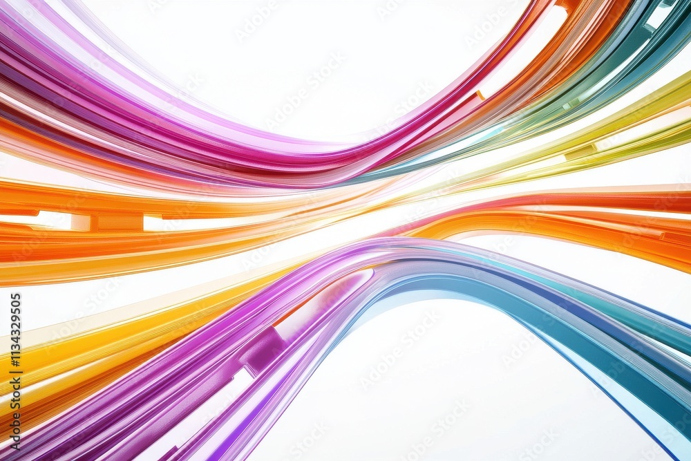 A vibrant abstract design featuring flowing waves in shades of orange, purple, and blue.