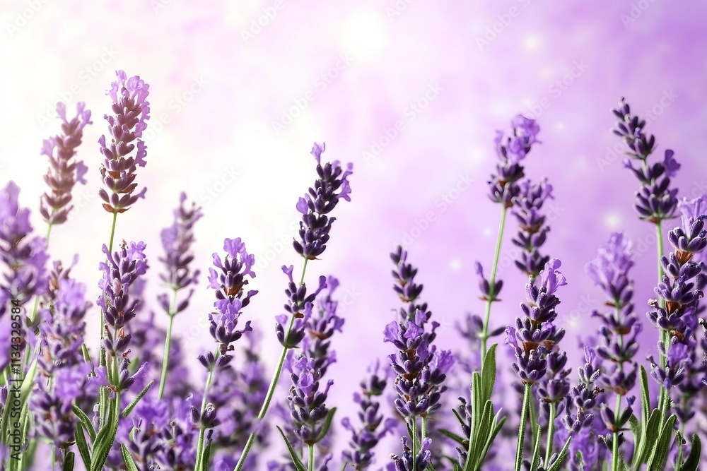 Naklejka premium Purple lavender flowers on sunny beautiful nature spring background. Summer scene with fresh lavandula flower of lilac color. Blooming lavender field. Horizontal spring banner. Copy space for text