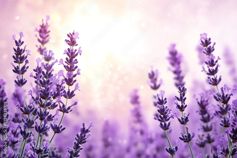 Obraz premium Purple lavender flowers on sunny beautiful nature spring background. Summer scene with fresh lavandula flower of lilac color. Blooming lavender field. Horizontal spring banner. Copy space for text