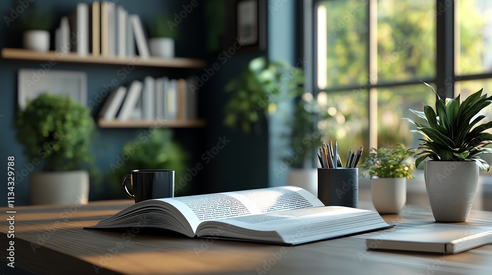Cozy workspace with plants and open book. Cozy workspace with plants and open book.